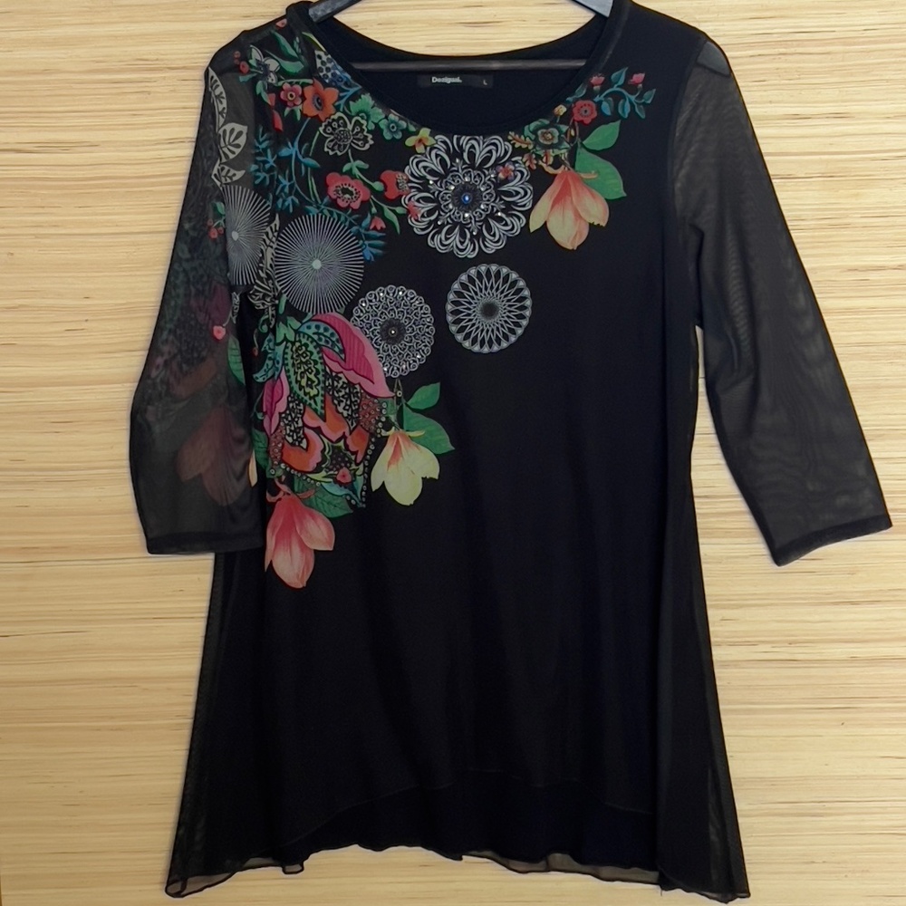 Desigual boho floral sheer tunic top size L large black multicolor